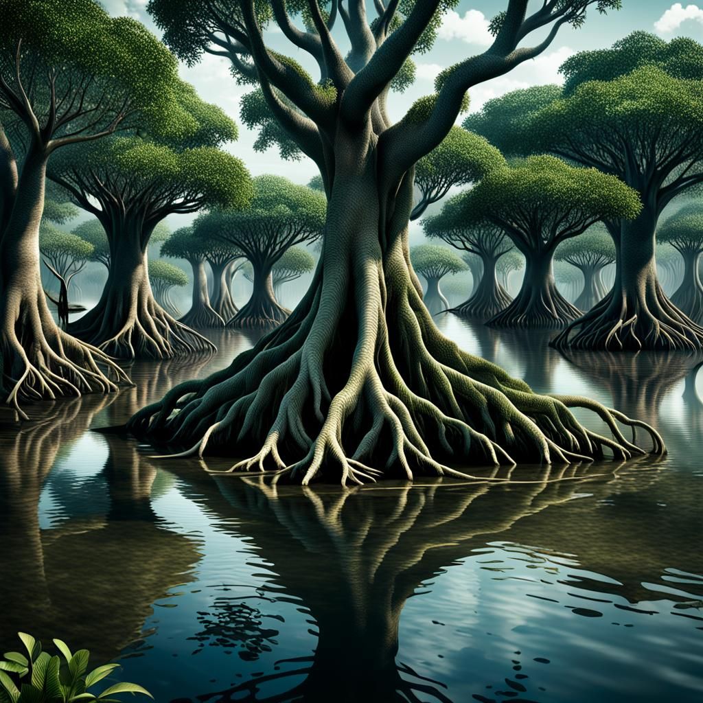 Carnivorous Mangrove Trees with Root Hands, Digital Art