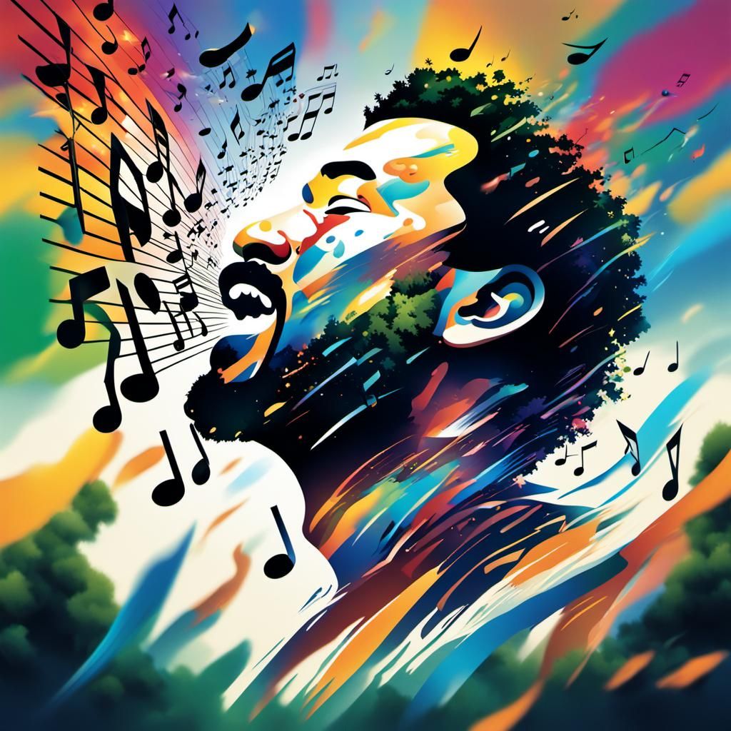 Wind Face Spreading Music Notes in Hyperrealistic Style