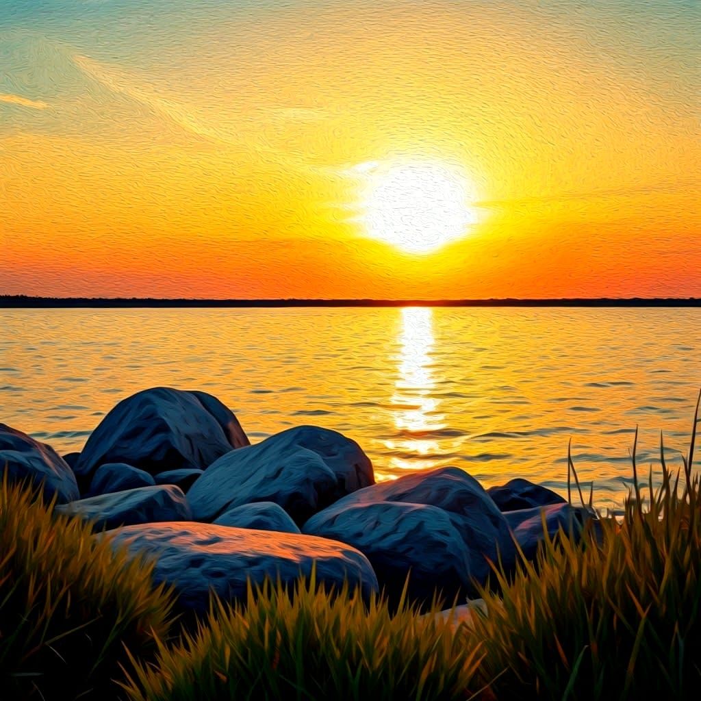 Golden Sunset Over Serene Water, Inspired by Caravaggio and ...