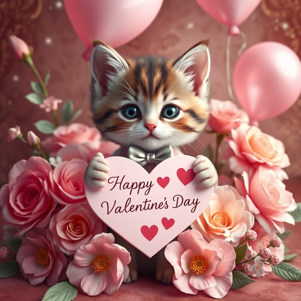 Whimsical Valentine's Day Fantasy Scene with Kitten and Flow...