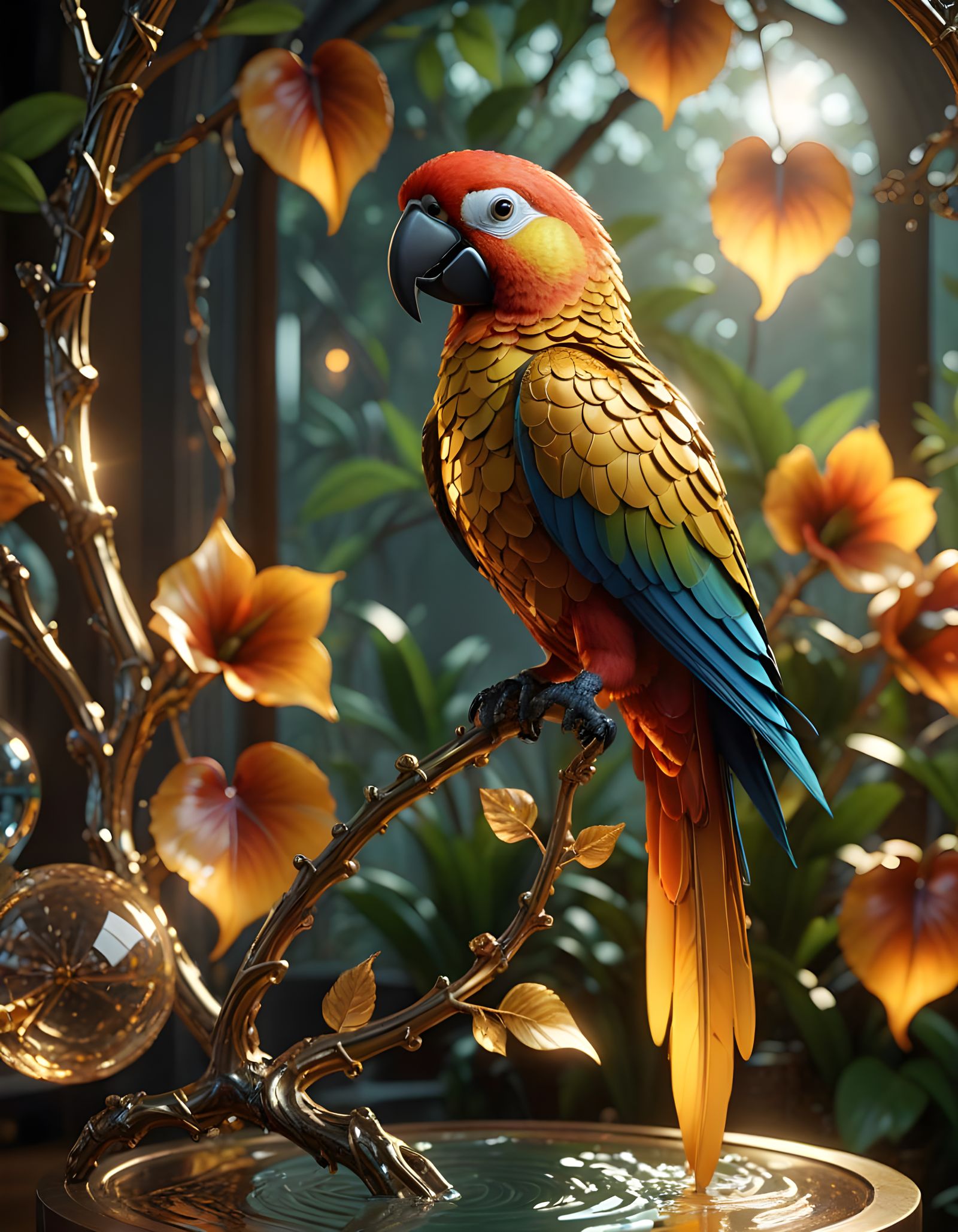 Vibrant Glass Jungle with Tropical Parrot and Sunset