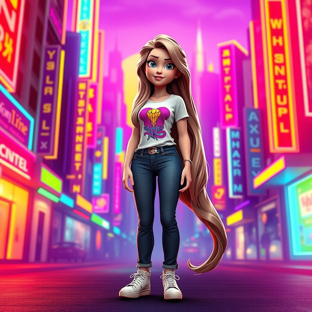 Rapunzel in 1980s Neon Cityscape, Pixar-Inspired 3D Art