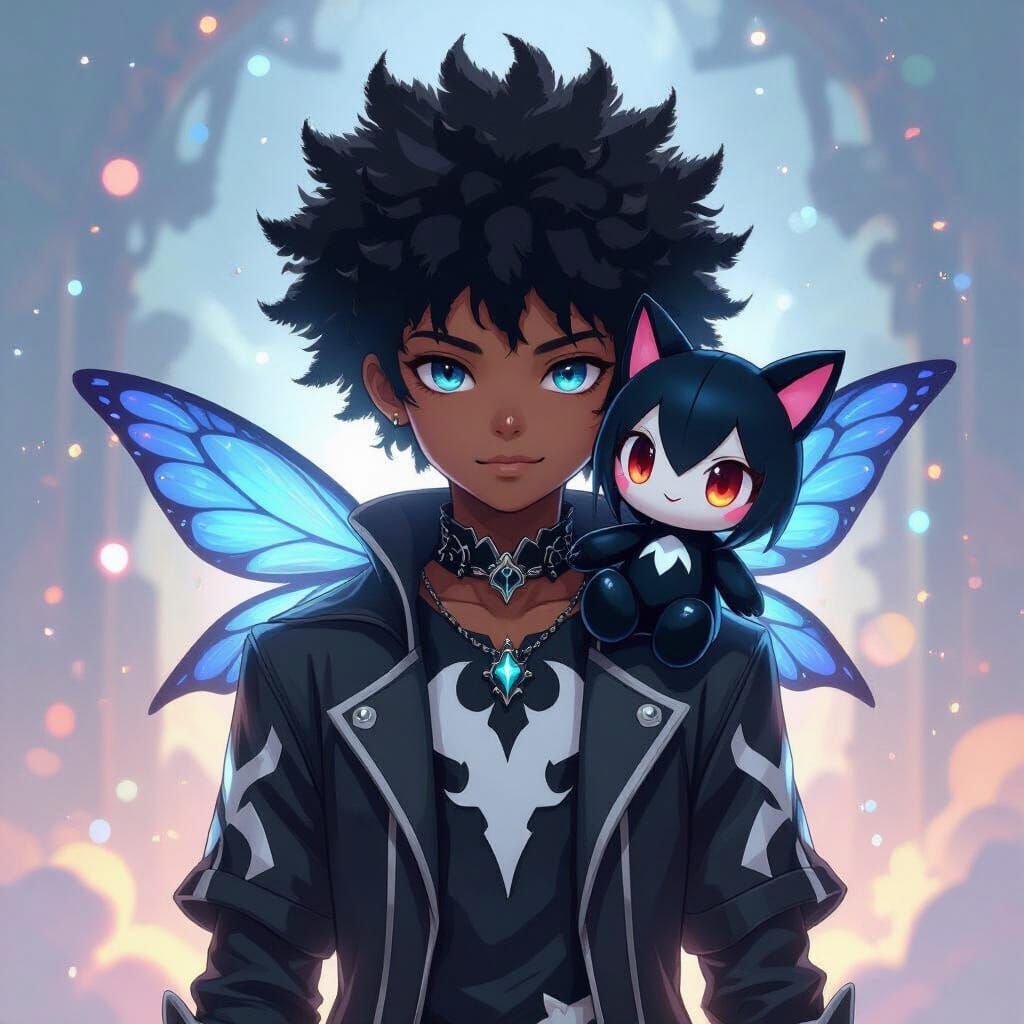 Gothic Venom Attire Teen with Miku Plushie in Anime Style