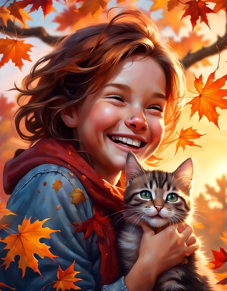Girl and Kitten Embrace in Autumn Sunset