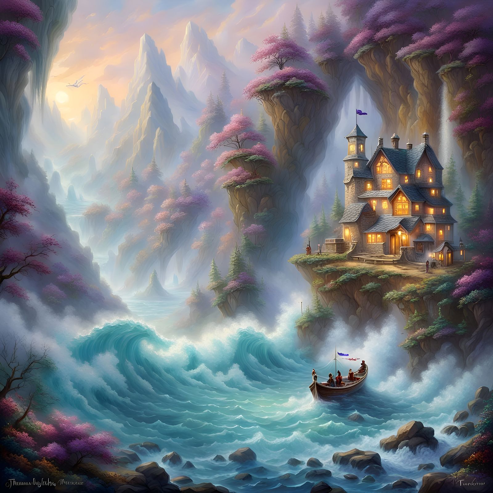 Amethyst Crystal Cave with Turquoise Water in Ethereal Style