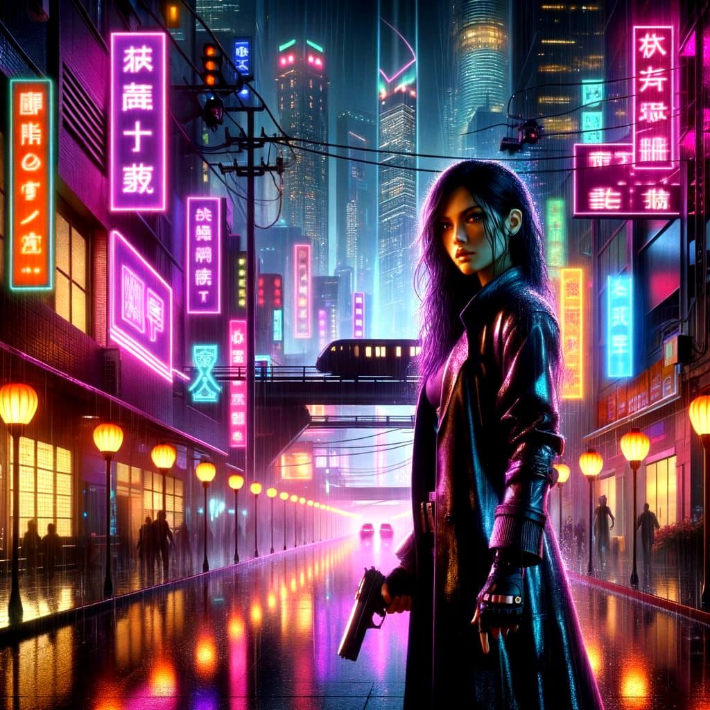 Cyberpunk Cityscape at Night in the Rain, with a Glimpse of ...