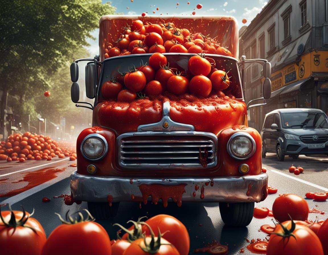 Tomatoes' Roadside Mishap: A Hyperrealistic Dark Fantasy