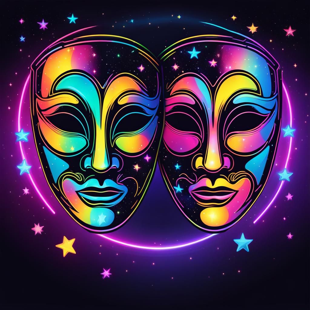 Neon Carnival Masks Reflecting Happy, Sad Emotions