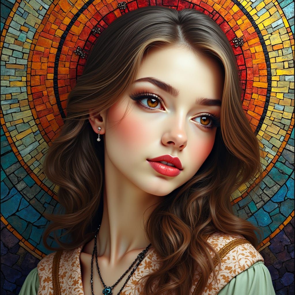 Vibrant Stained Glass Portrait of a Serene Woman