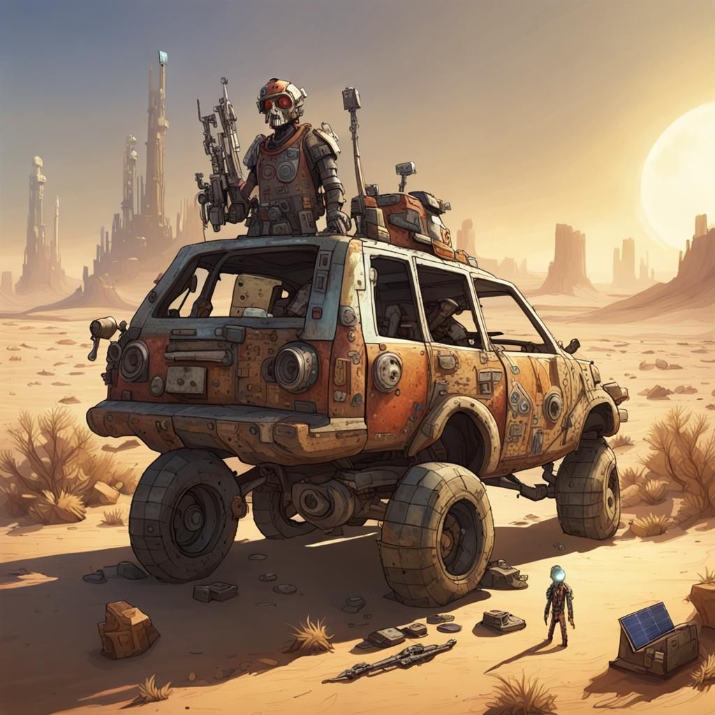 A lone mechanic stands beside a modified, rusted vehicle in ...