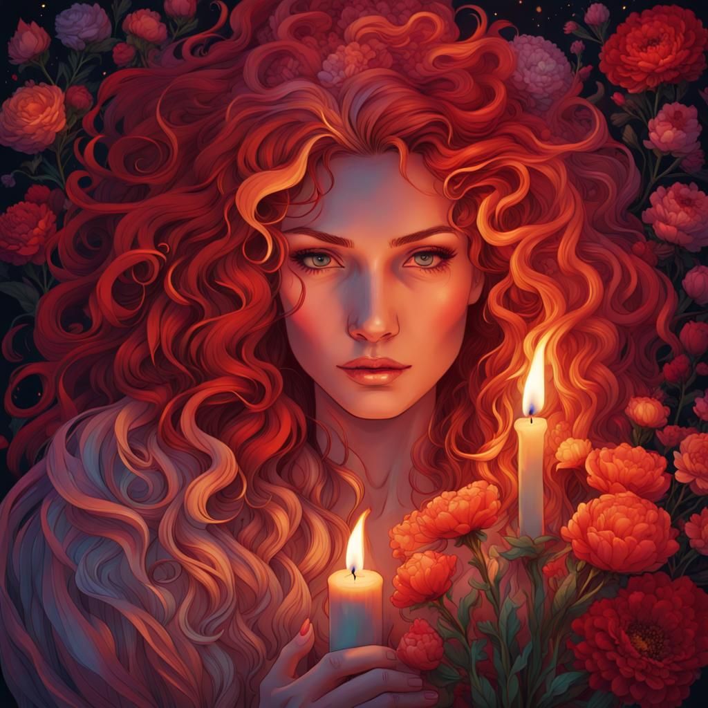 Candlelit Woman in a Field of Flowers