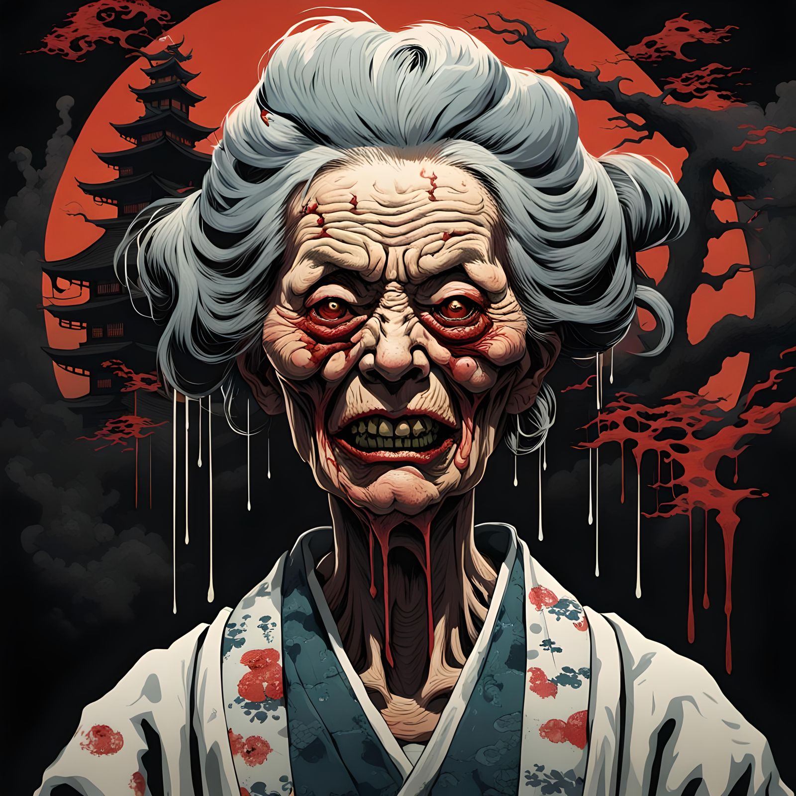 Ukiyo-e horror art of a scary grandmother with a melting fac...
