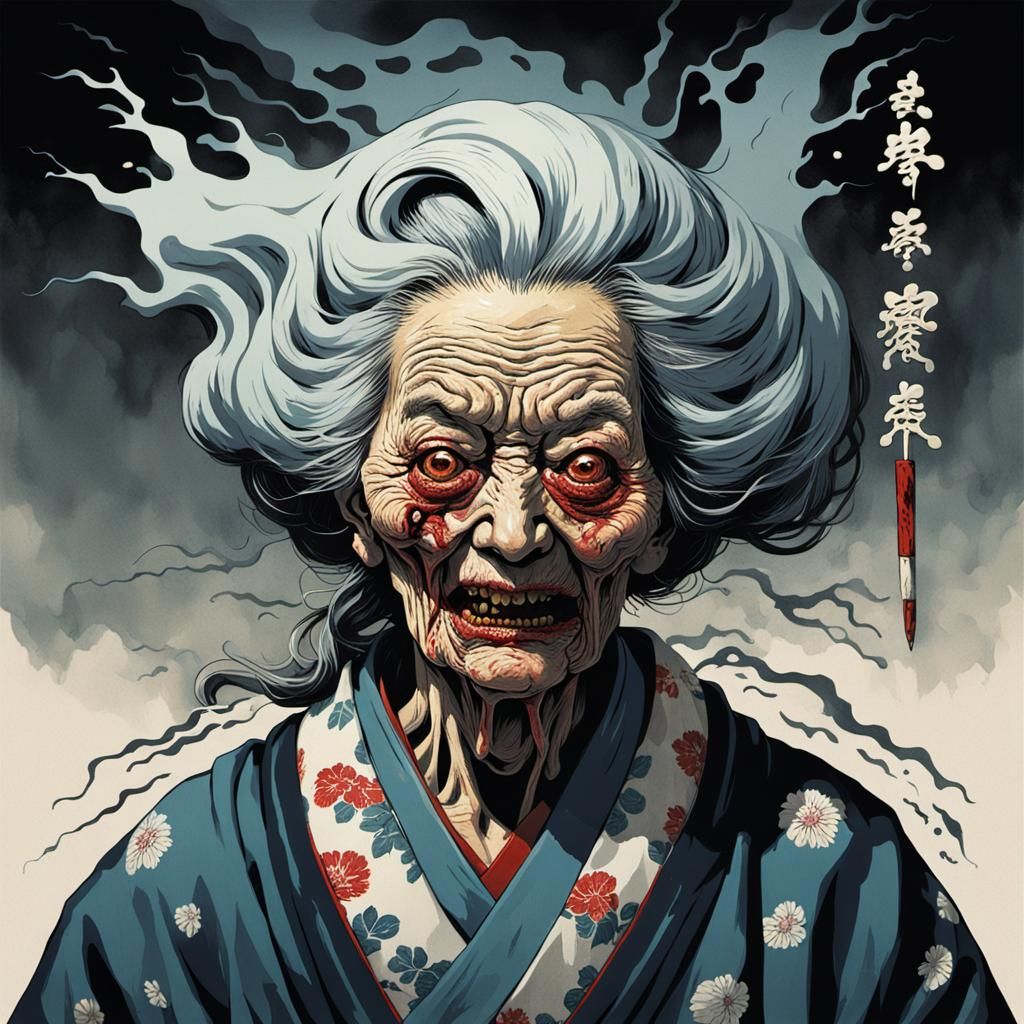 Ukiyo-e horror art of a scary grandmother with a melting fac...