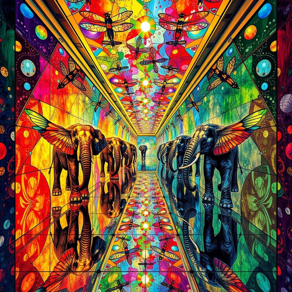 Elephants and Dragonflies: Radiant Stained Glass Abstraction