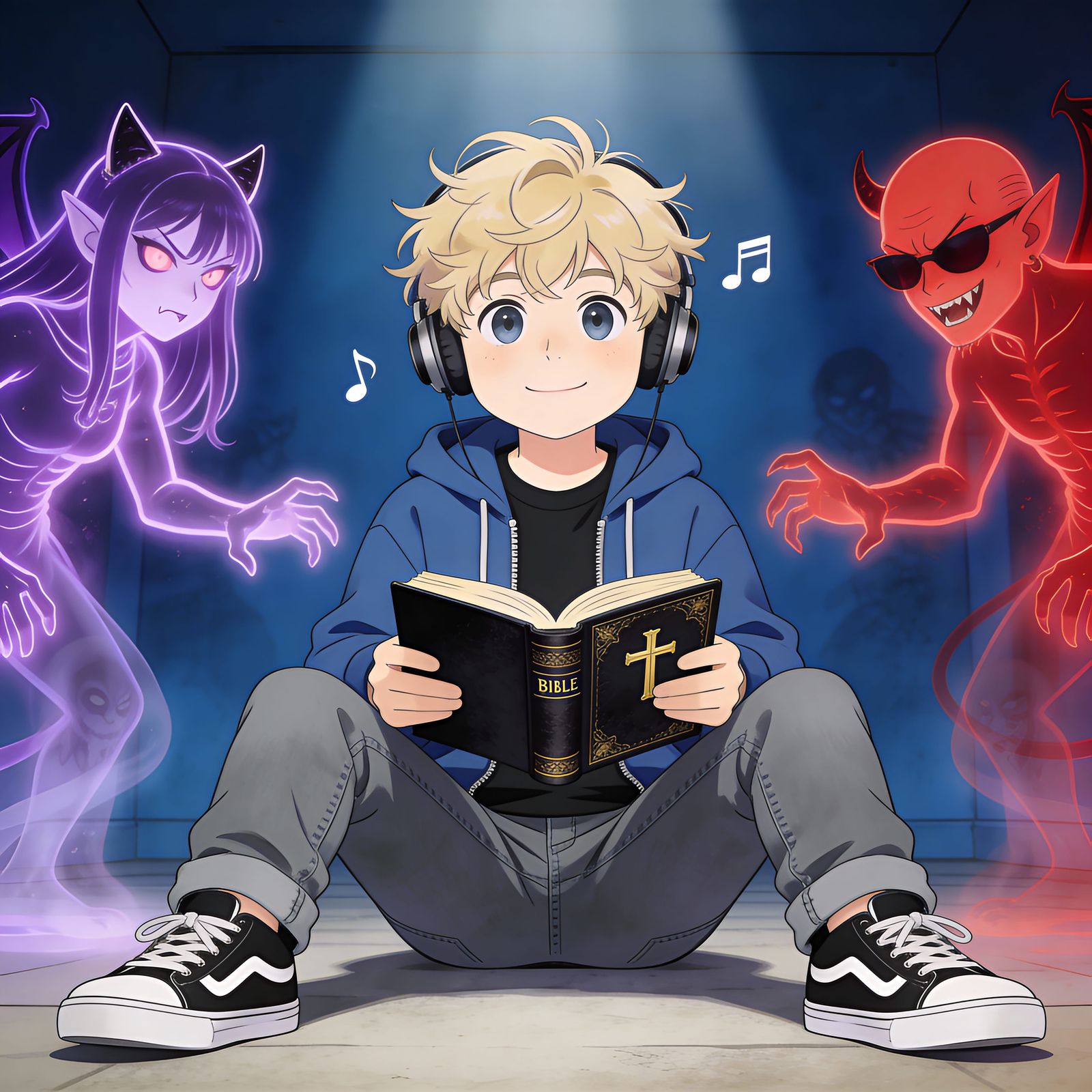 Anime Style Meme Template: Calm Man Reads Bible Amidst Demon...