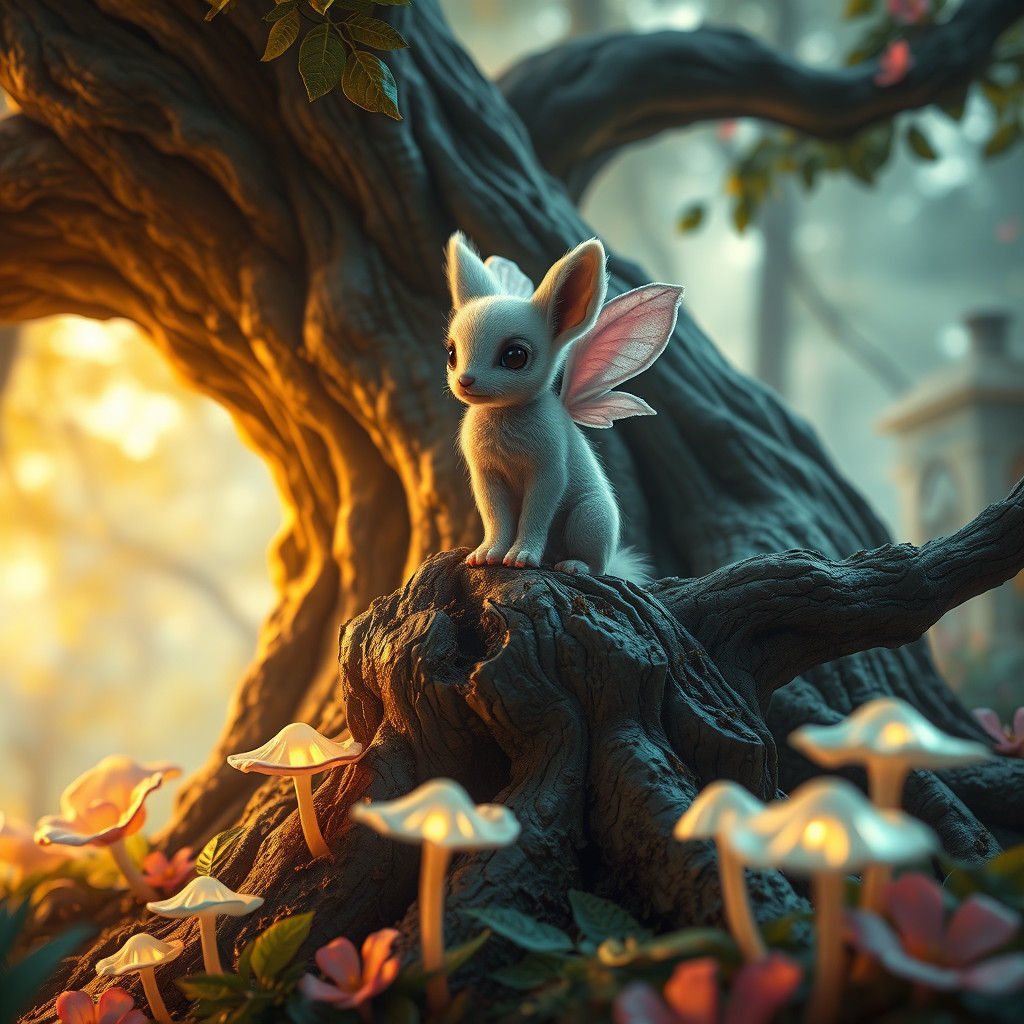 Winged Canine in Ethereal Forest, Digital Matte Painting