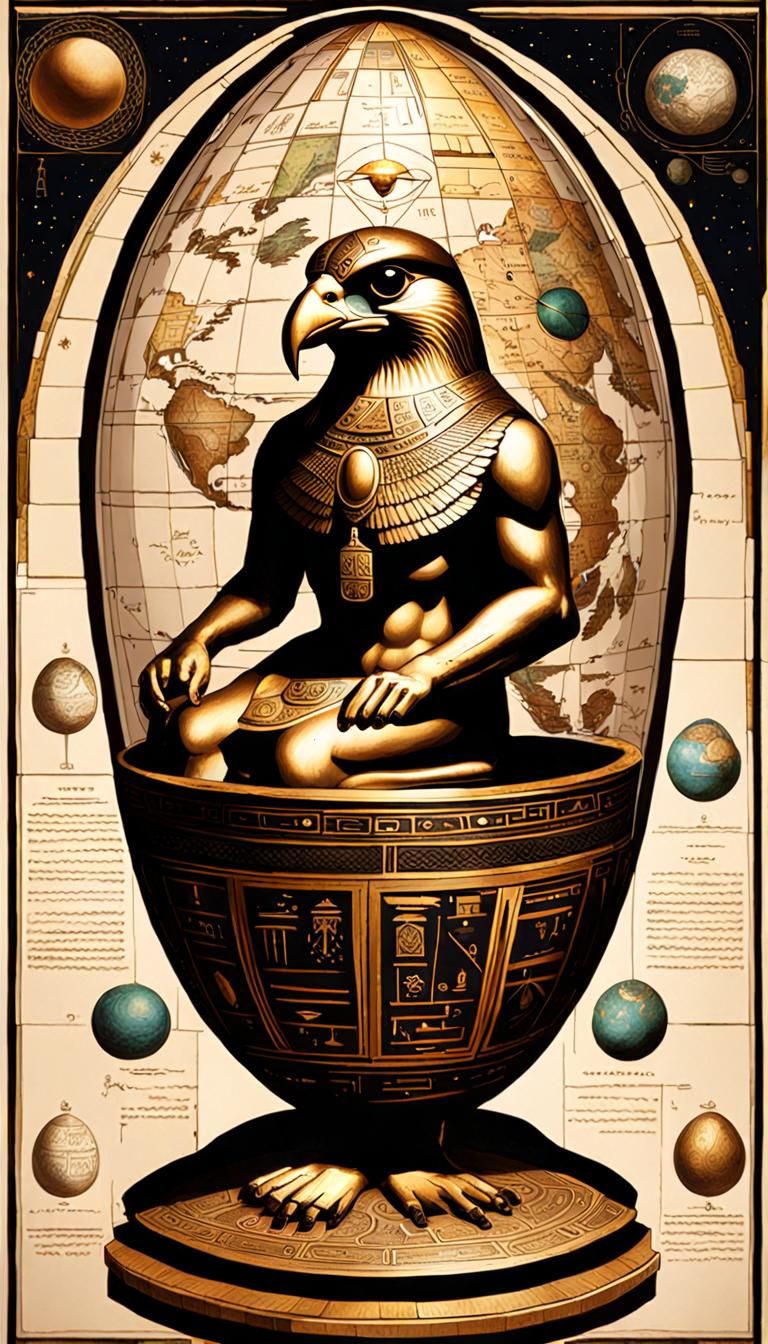 God Horus Gazing at Cosmos Maps in Vessel
