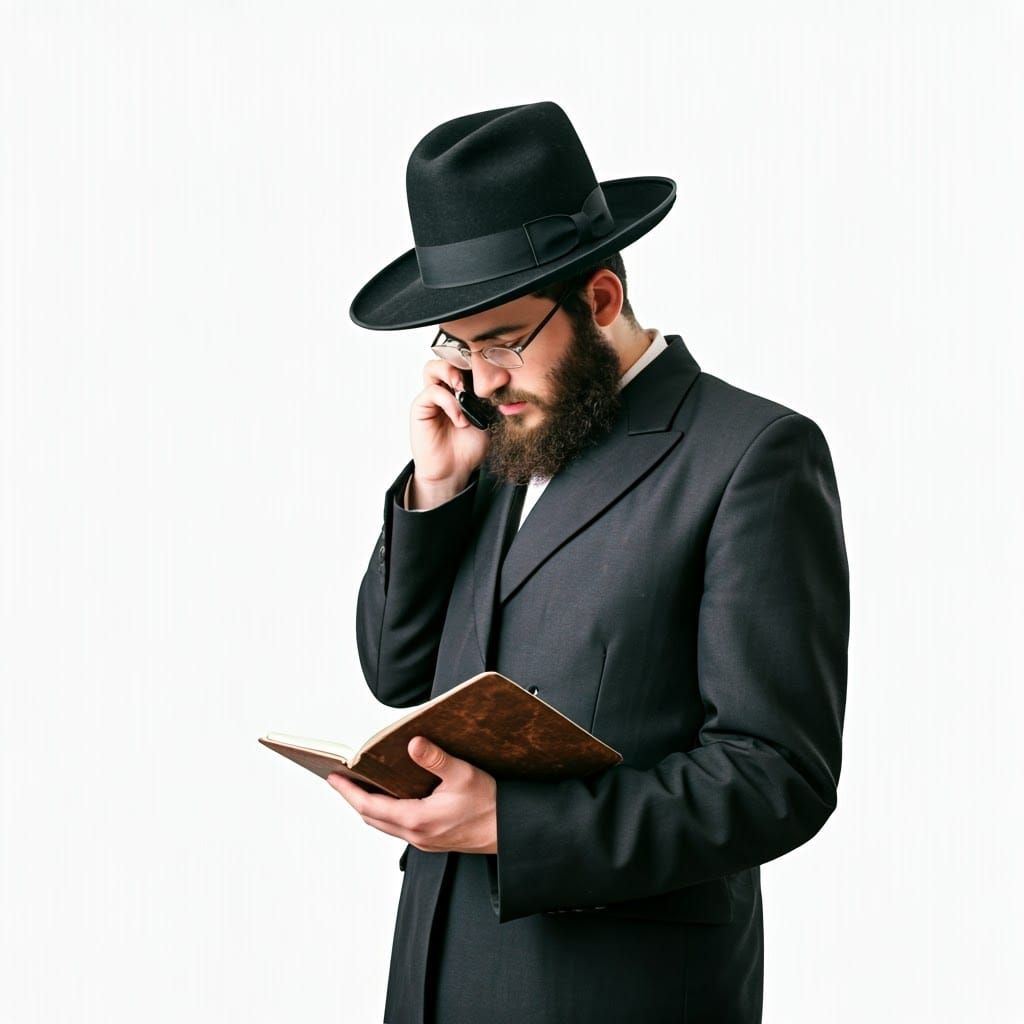 Hasidic Jew in Traditional Attire, Holding Notebook and Noki...