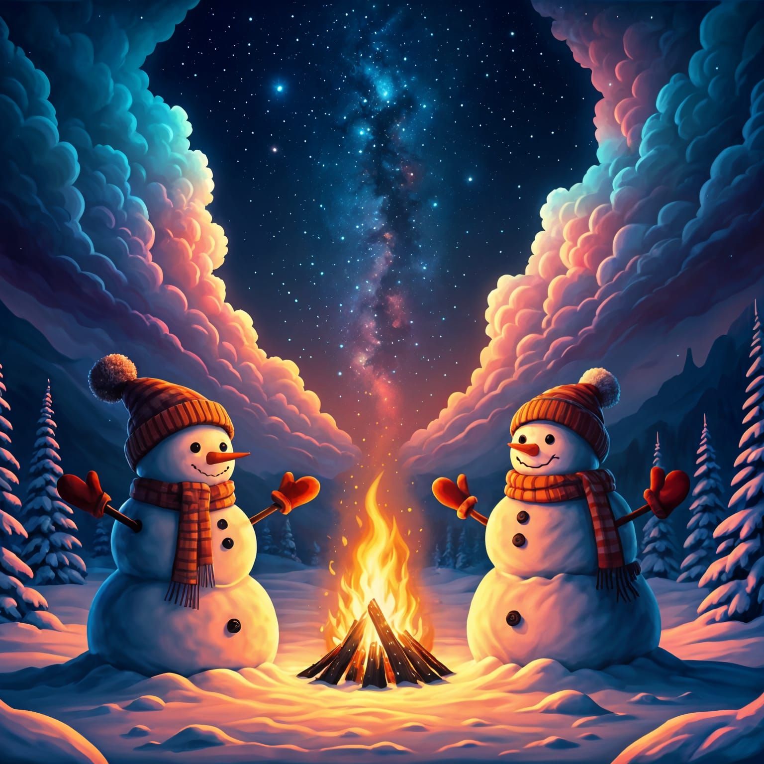 Snowmen Gather by a Campfire under Vibrant Starry Skies