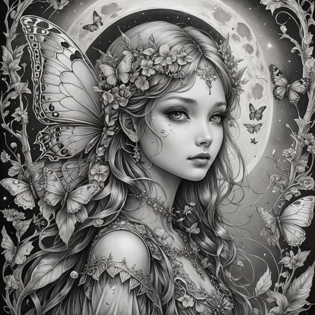 Hyperdetailed Pencil Sketch of Butterfly Fairy Moon