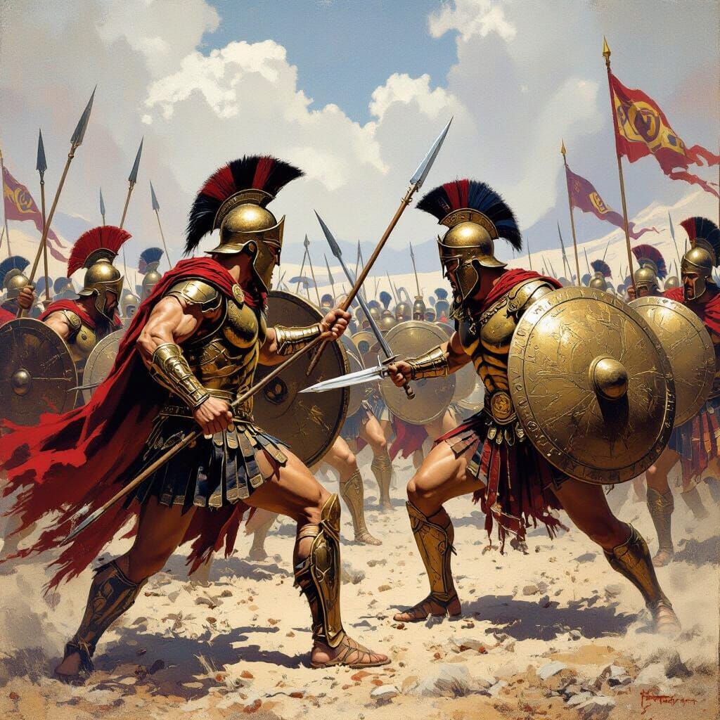 Epic Battle: Spartans vs Persians in a Frazetta Style