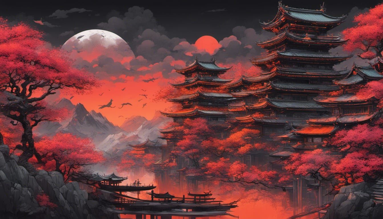 Japanese Fantasy Landscape Concept Art in Neon Shades