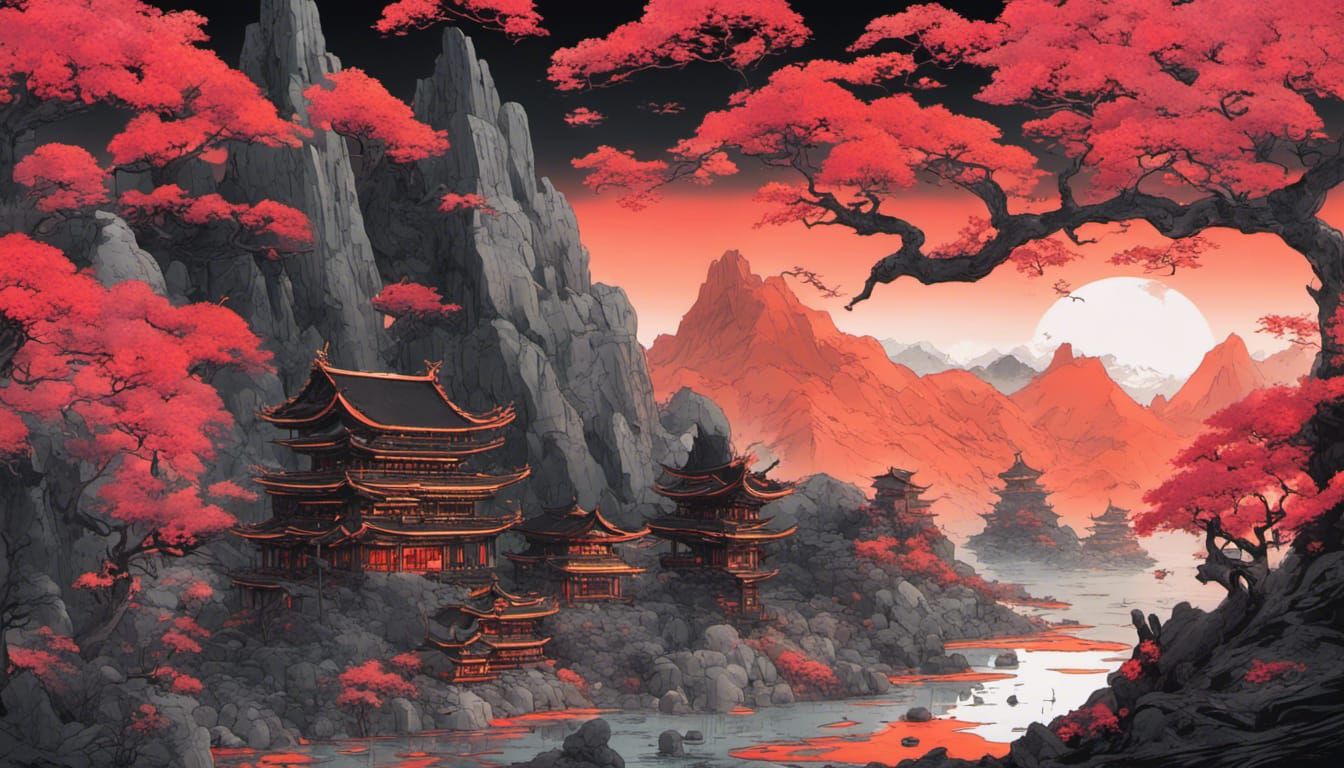 Japanese Fantasy Landscape in Neon Concept Art