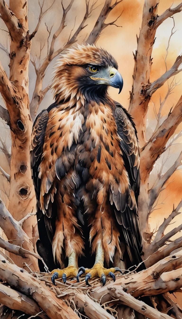 Watercolor Wedge-Tailed Eagle Chick in Outback Nest