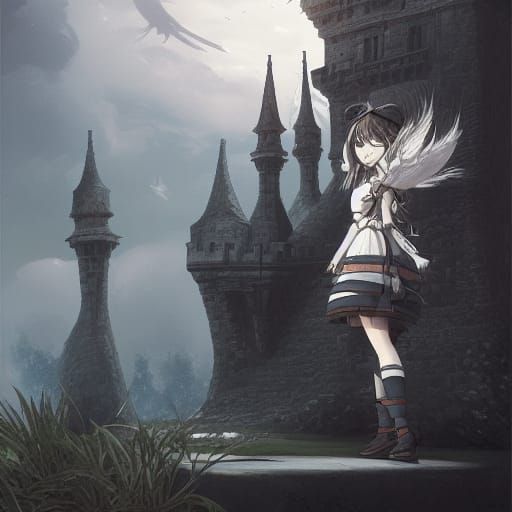 Cute Anime Girl in Castle Coloring Page