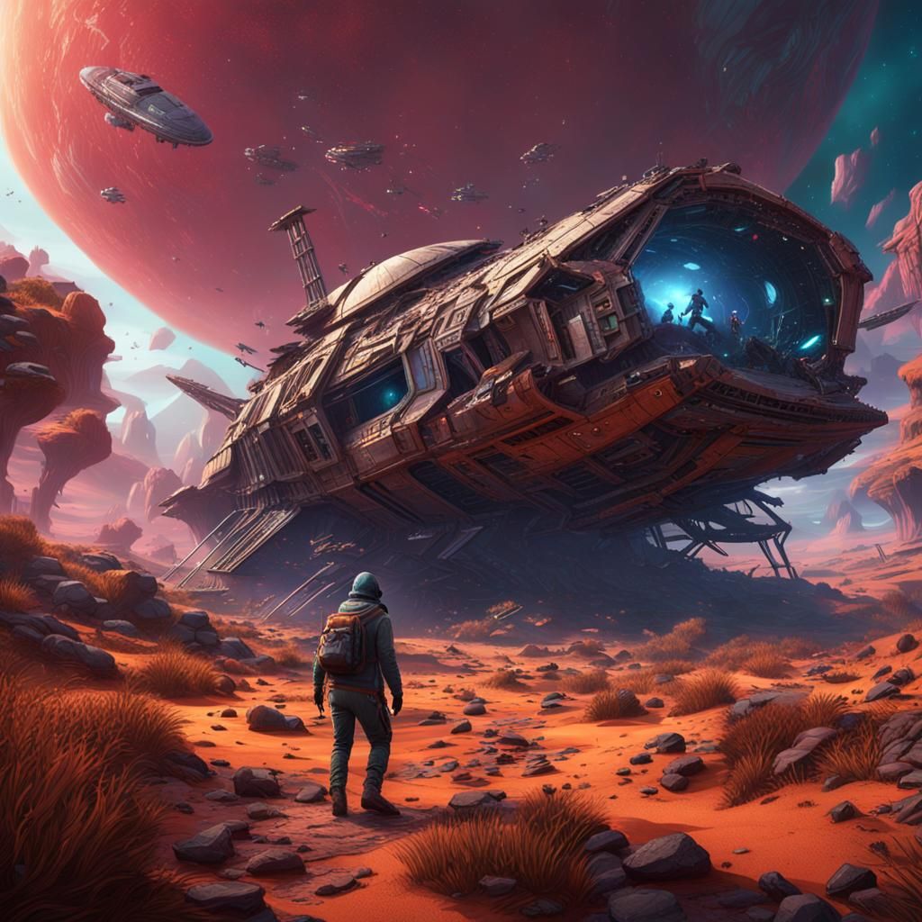 Vagrant Scavenging Crashed Starship on Vibrant Planet