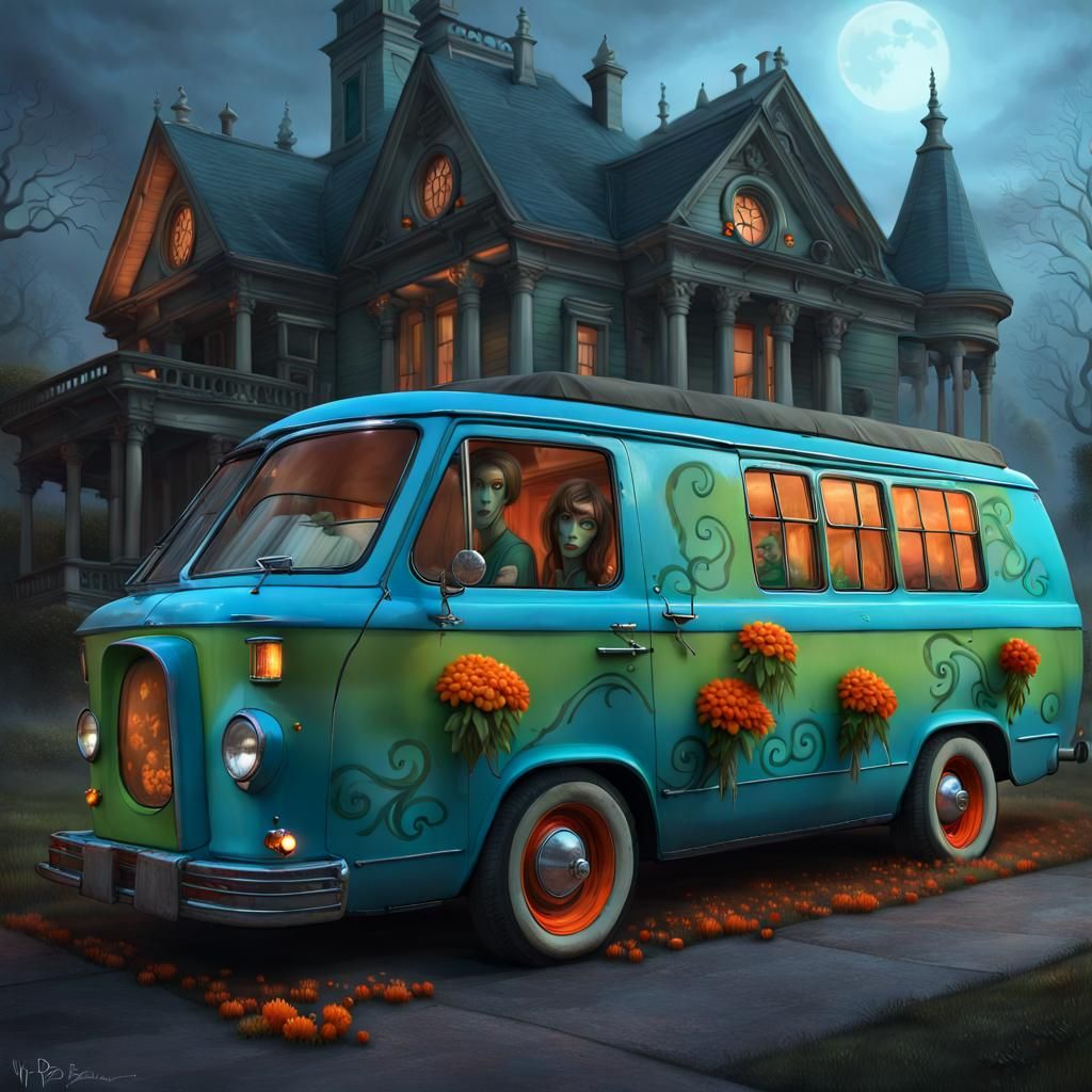 The "mystery machine" is a blue Scooby Doo van with paint of orange flowers and green details, parked in front of a haun...