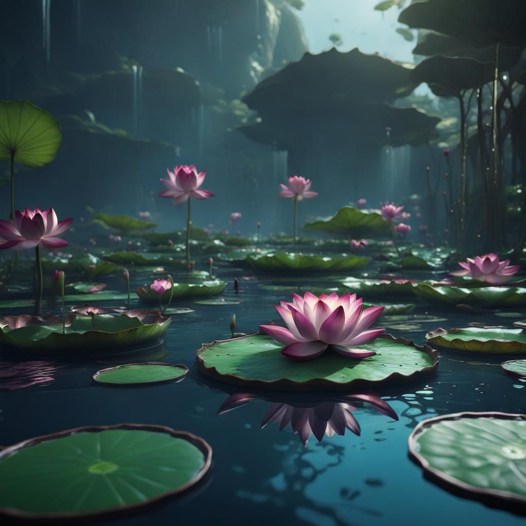 Fantastical Lotus Flower and Lily Pads Painting