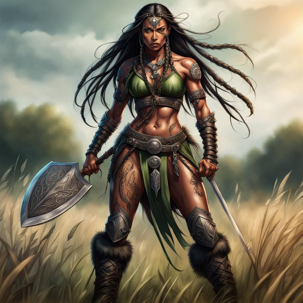 Fierce Barbarian Warrioress Sketch in Grassy Meadow