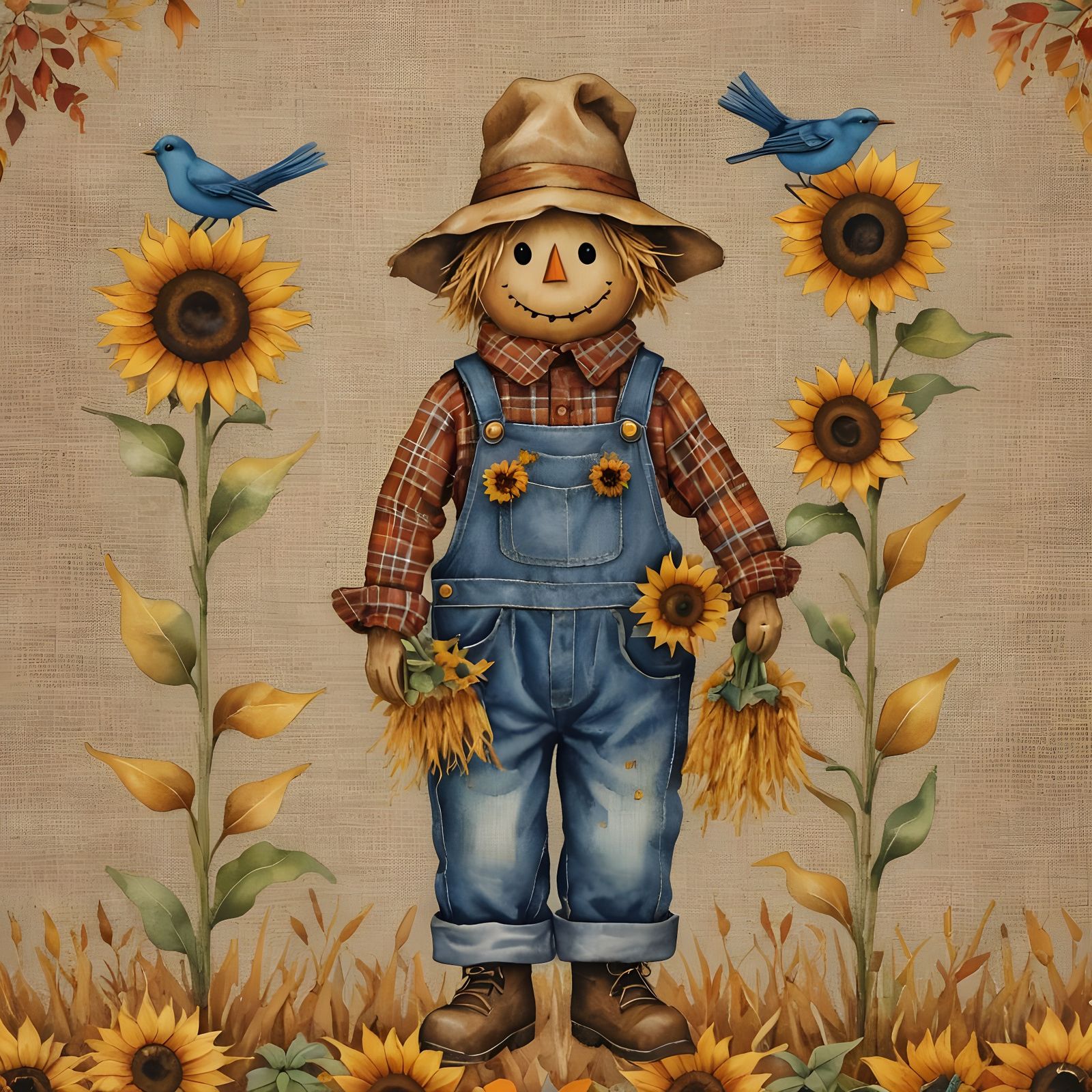 Whimsical Scarecrow with Autumn Wheat and Sunflowers