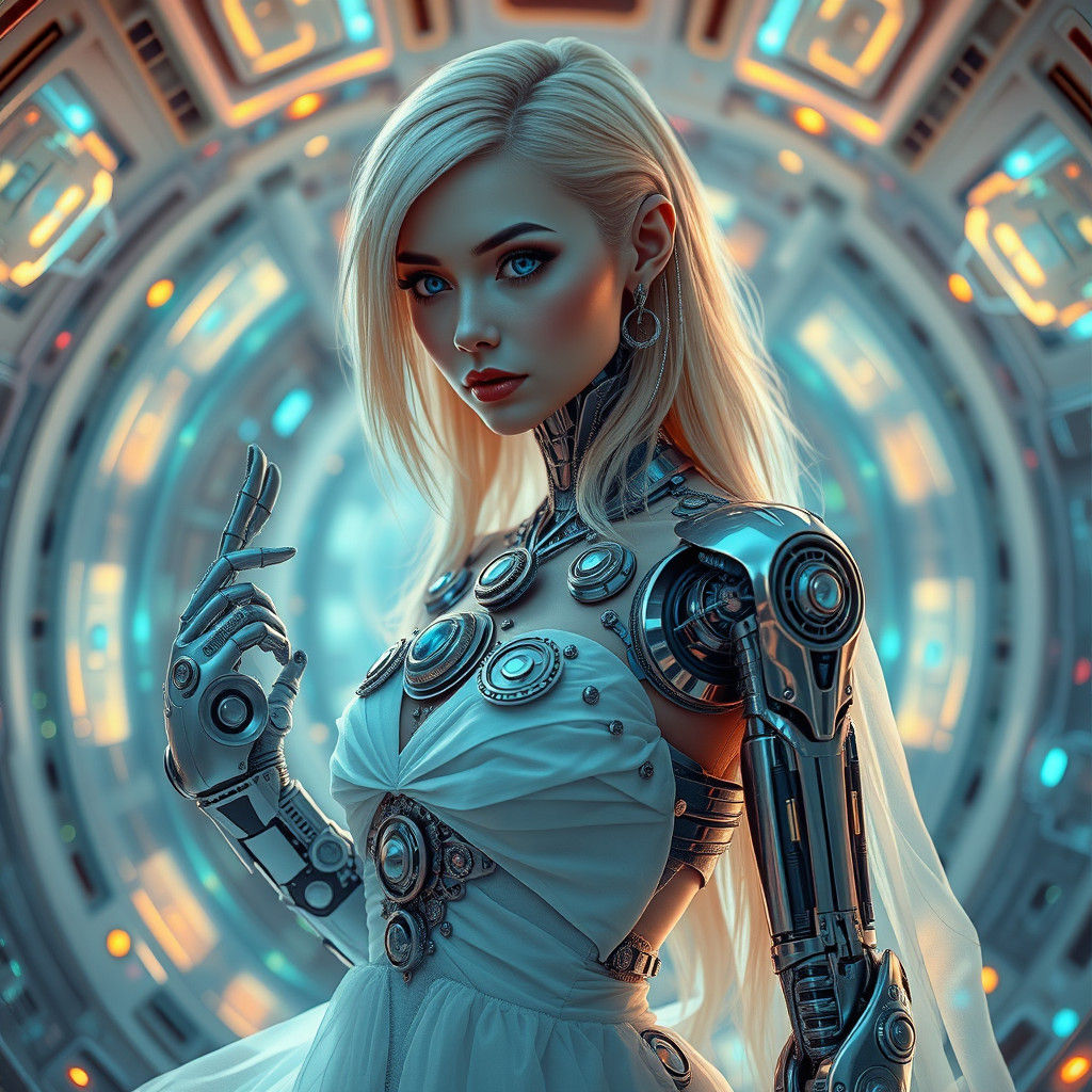 Cyborg Maiden in Spaceship Interior with Robot