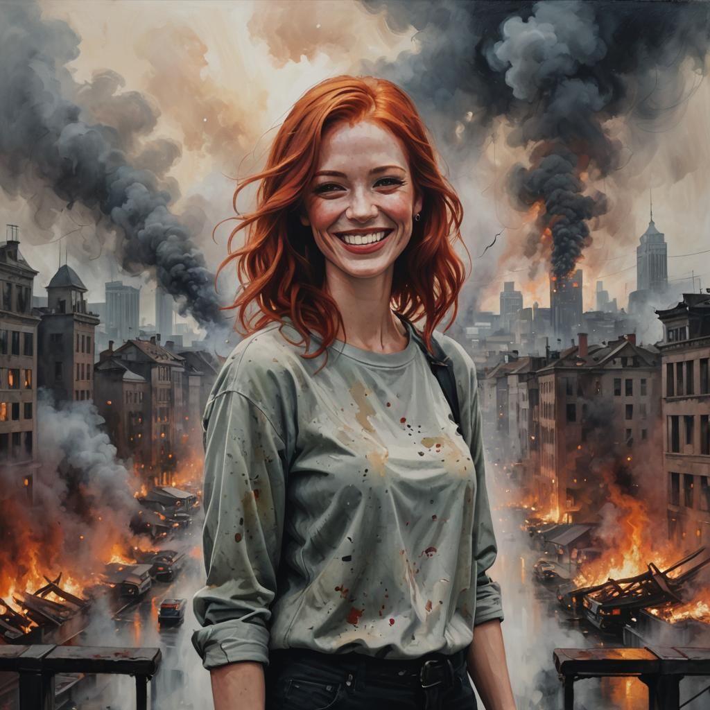 Woman's Smile Amidst Gloomy Cityscape Painting