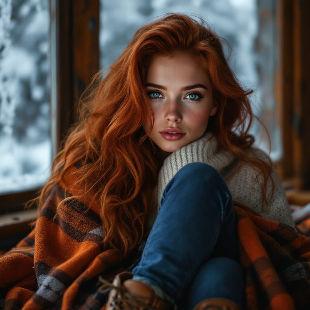 Ethereal Swedish Woman in Cozy Winter Scene