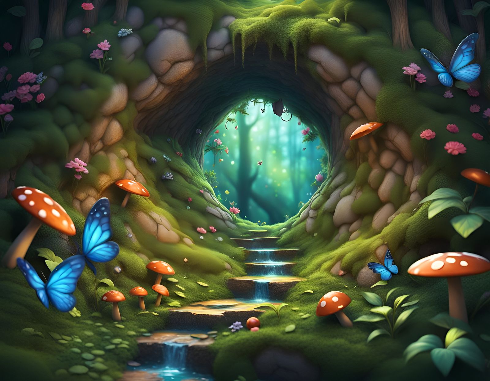 Big uneven hole in a wall on the other side of the hole a forest and fairy in a magical land, intricately detailed impas...