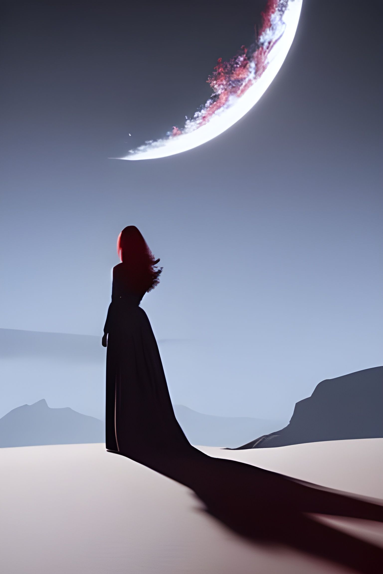 Witch Silhouette Gazing at Blood Moon: Digital Painting