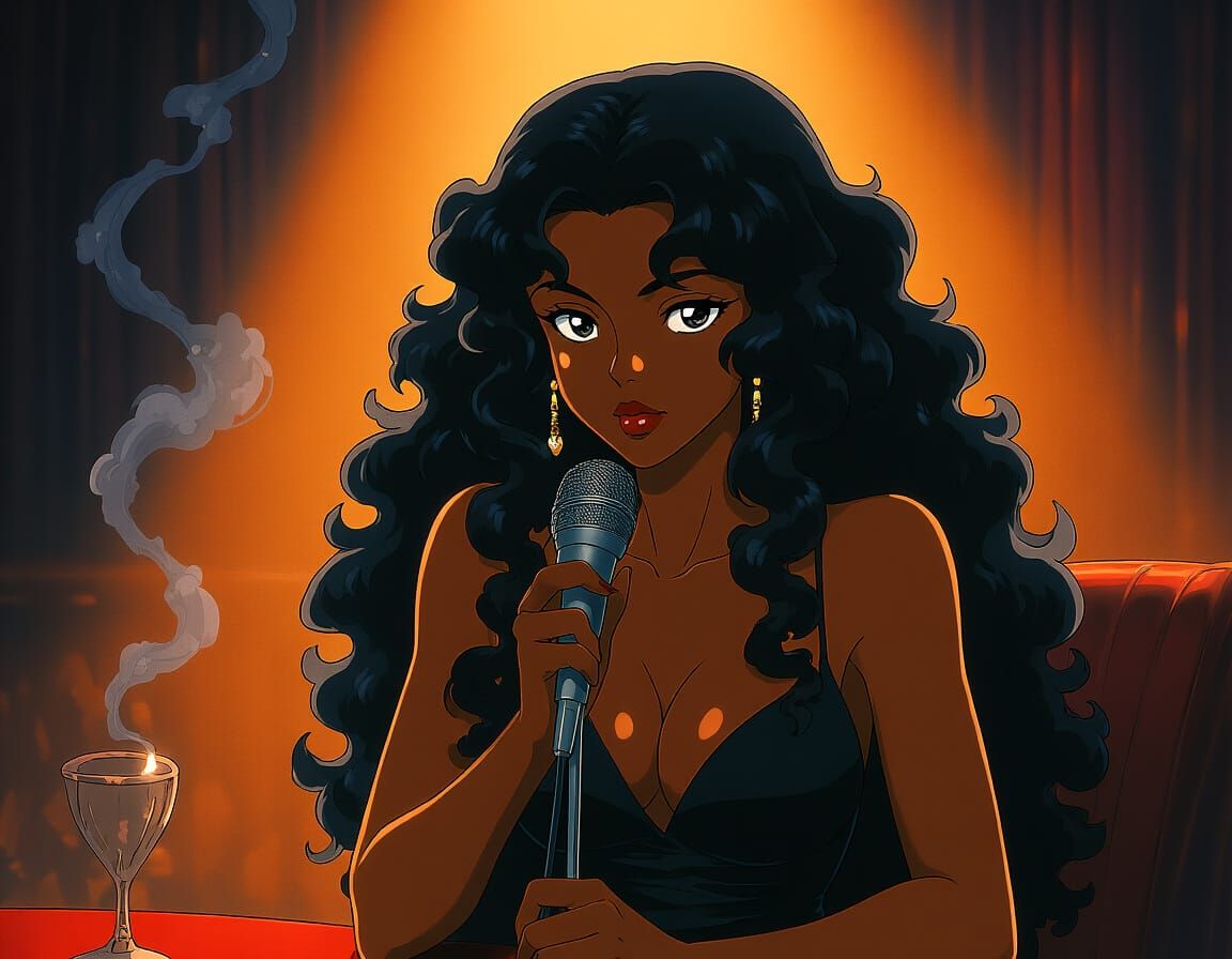 Pensive Woman in Smoky Jazz Club: Anime Art