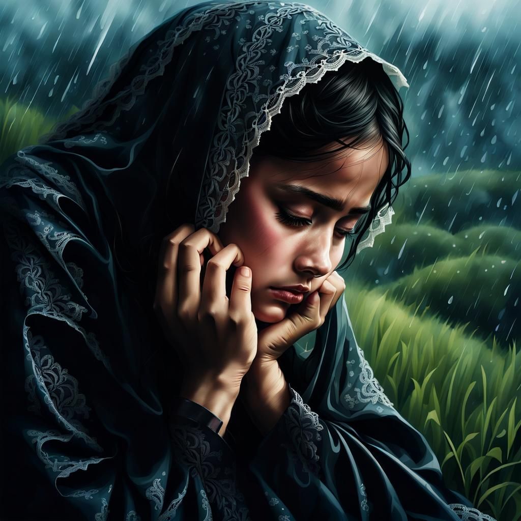 Girl Weeping on Hillside in Heavy Rain