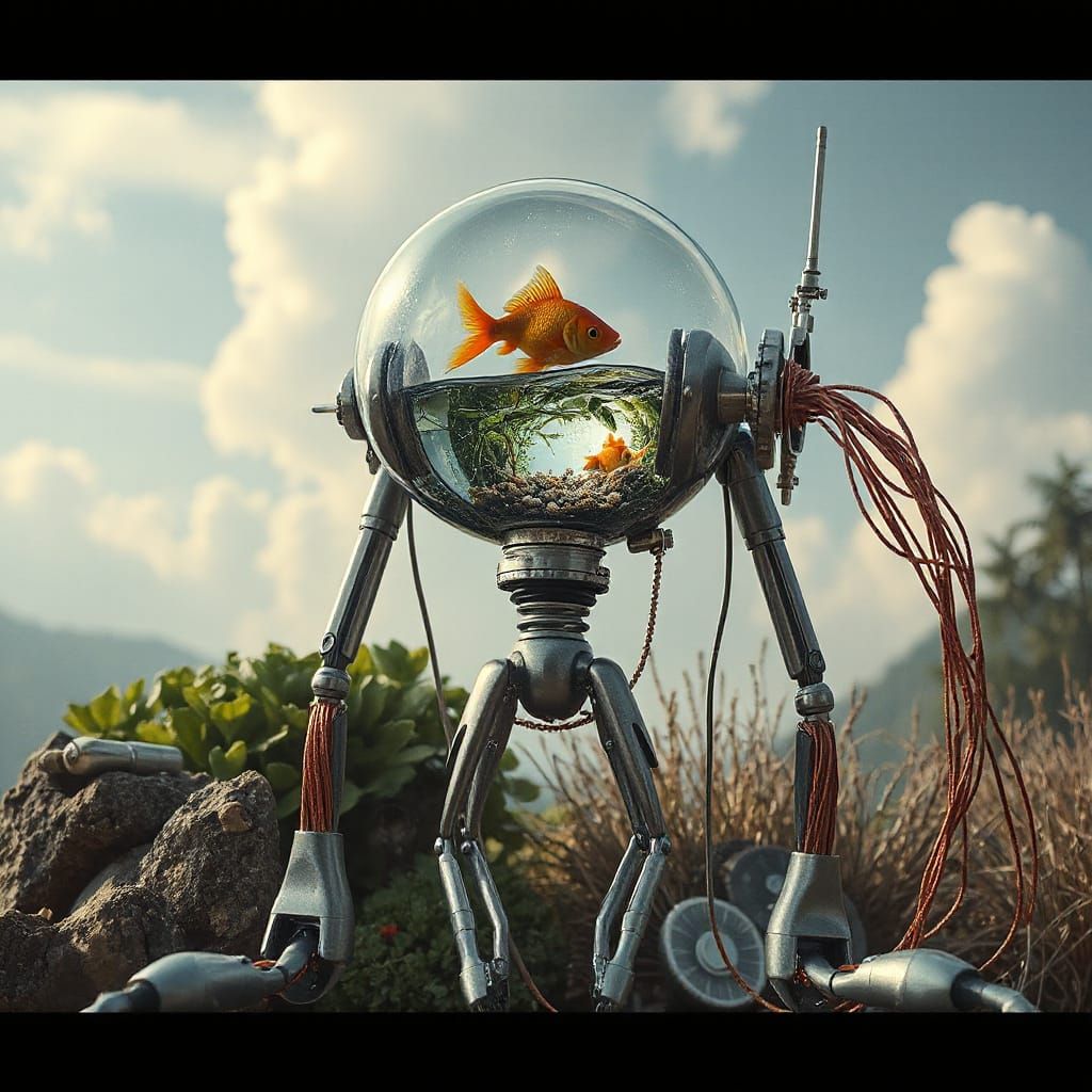 Futuristic Robot with Aquatic Glass Head in Ethereal Garden
