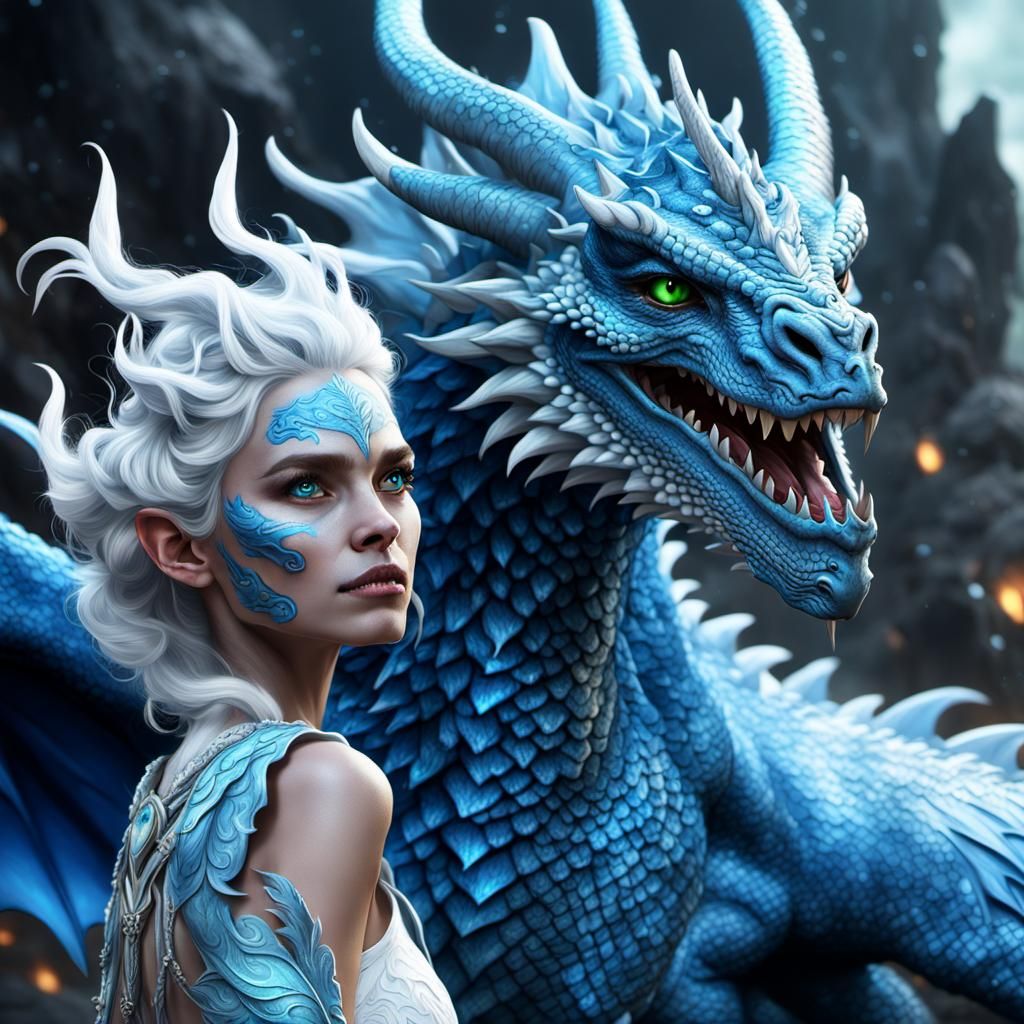 Fantasy White Goddess with Dragon: Detailed Matte Painting
