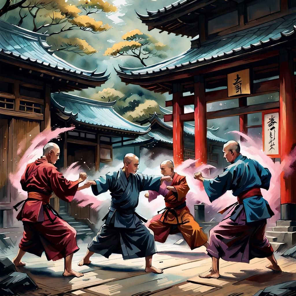 Japanese Monks practicing martial arts