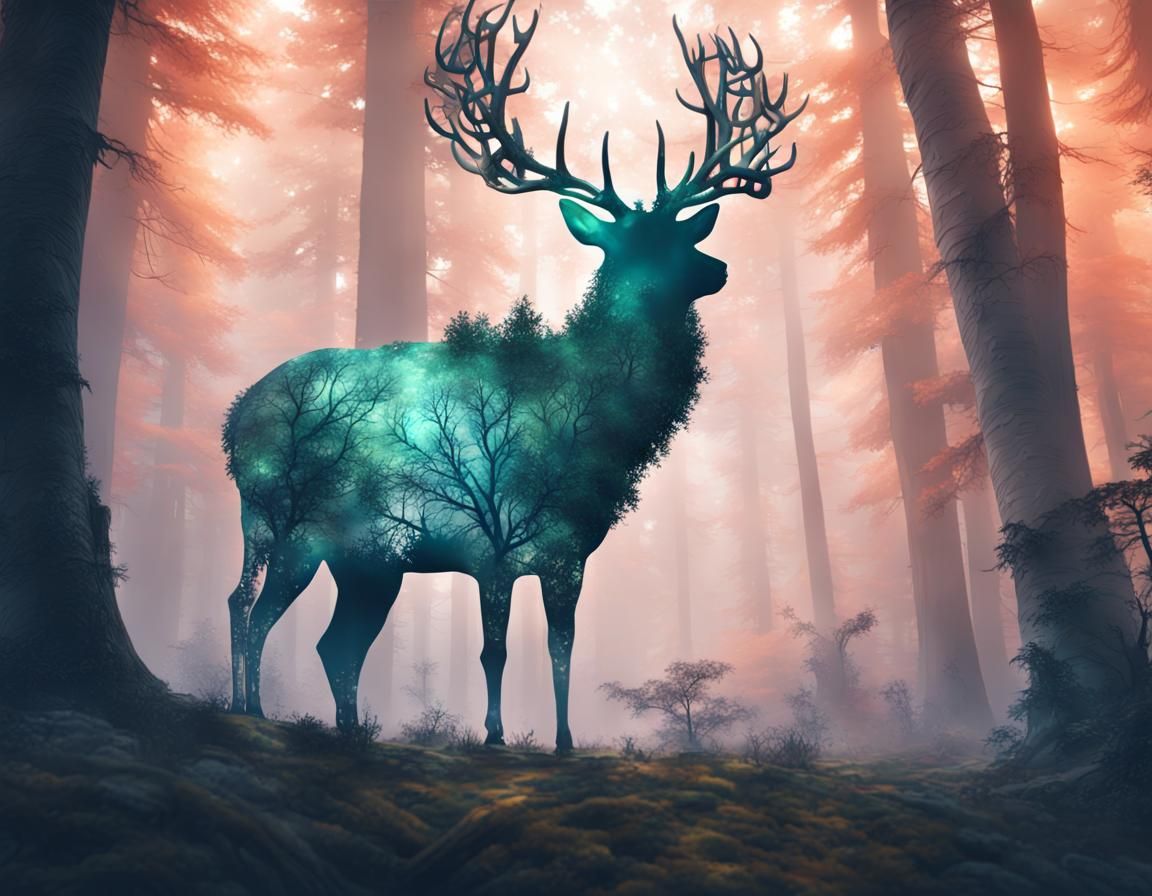 Mystical Stag Silhouette with Forest Double Exposure