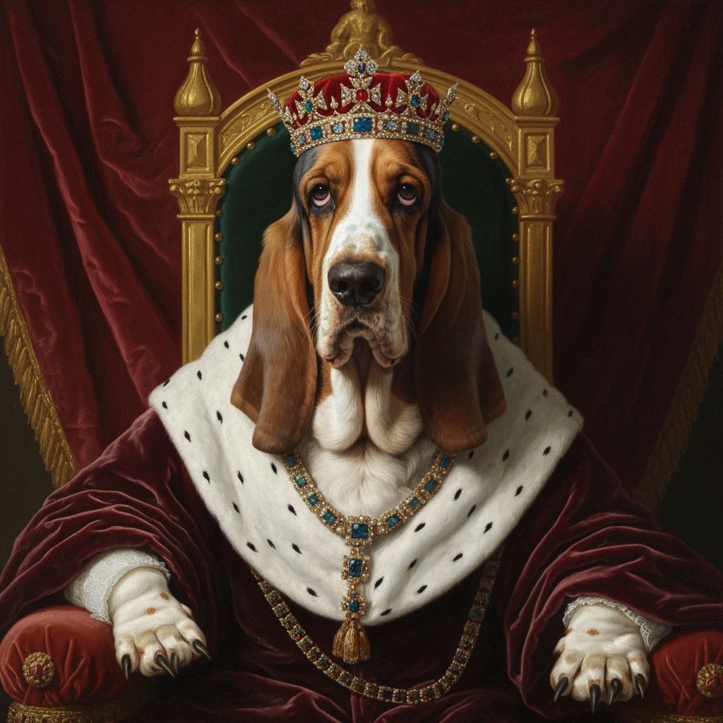 Regal Basset Hound in Royal Portrait, Vermeer Style