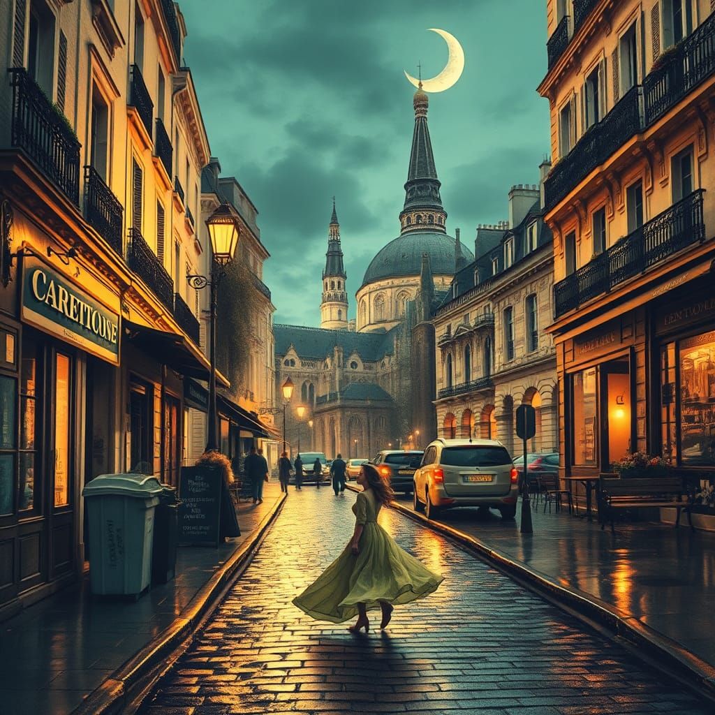 Vintage Sepia Night with Crescent Moon in Flat Colors