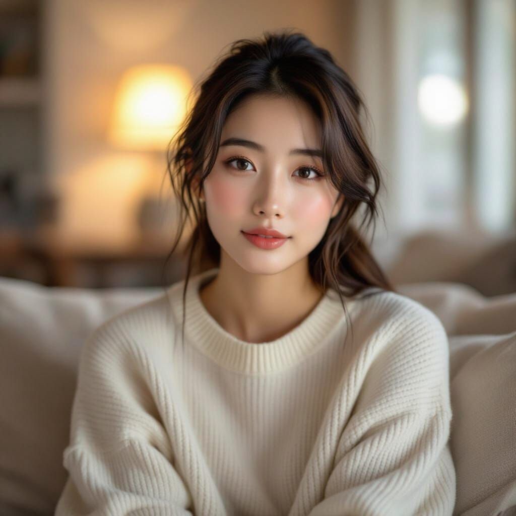 Realistic Portrait of a Japanese Girl at Home