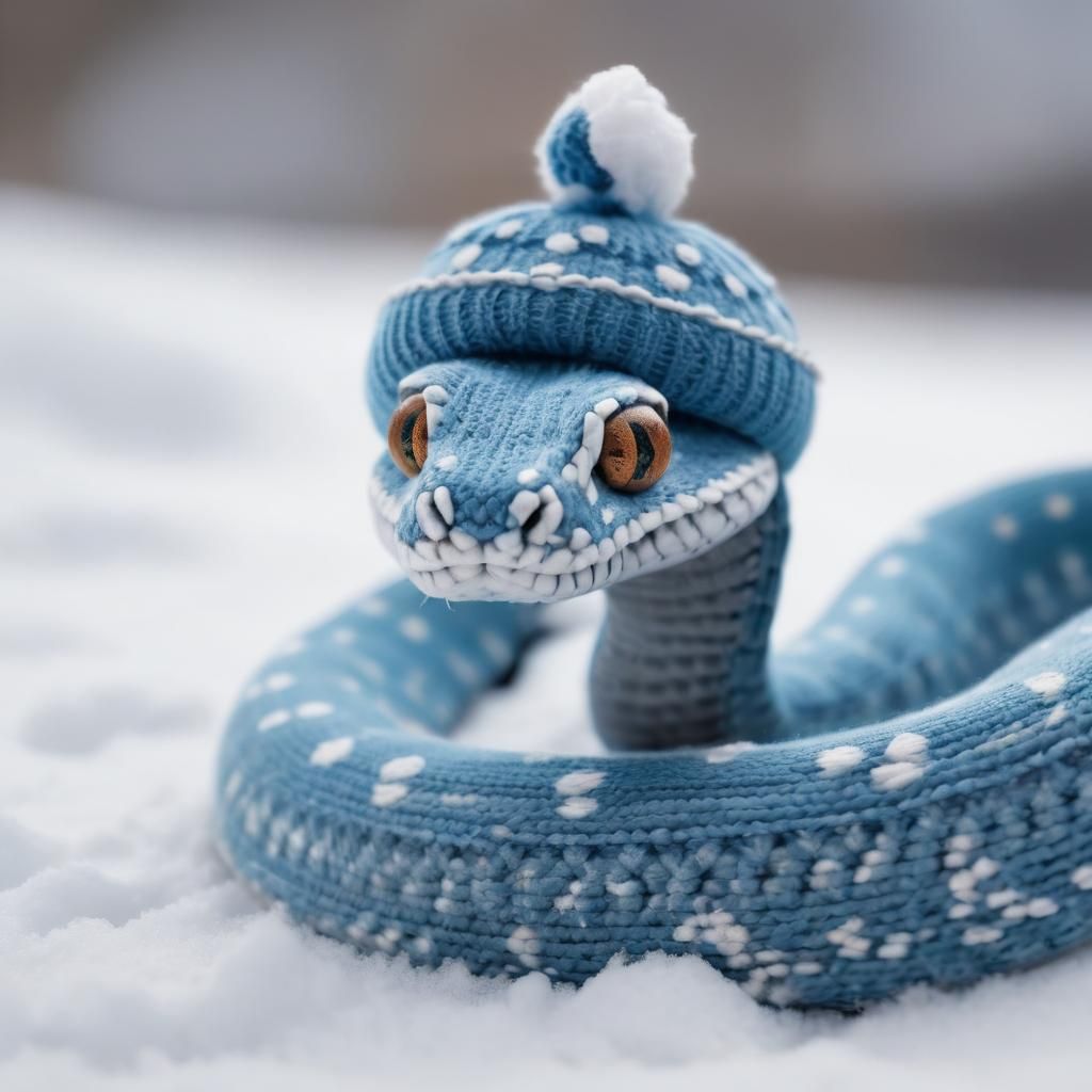 Cute Blue Snake in Winter Hat