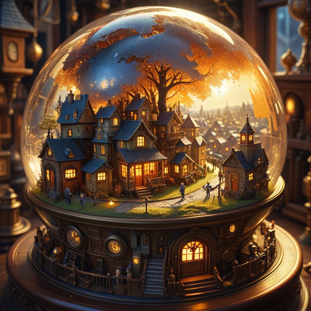 Whimsical Town Inside Globe: Fantasy Oil Painting